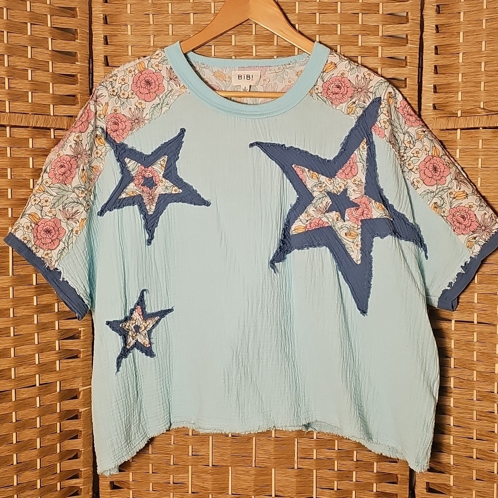 BiBi Short Sleeve Star Top Light Blue Oversized S - Picture 3 of 6